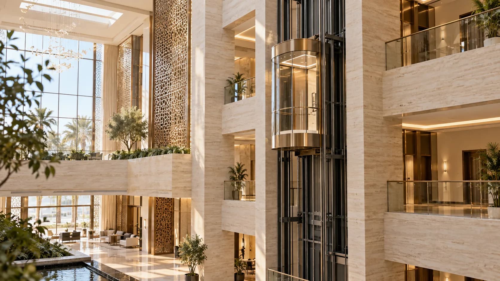 تصور معماري توضيحي لمصعد بانورامي في بهو فندقي